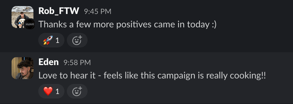 Client message showing 8 leads generated in the first day of outbound
