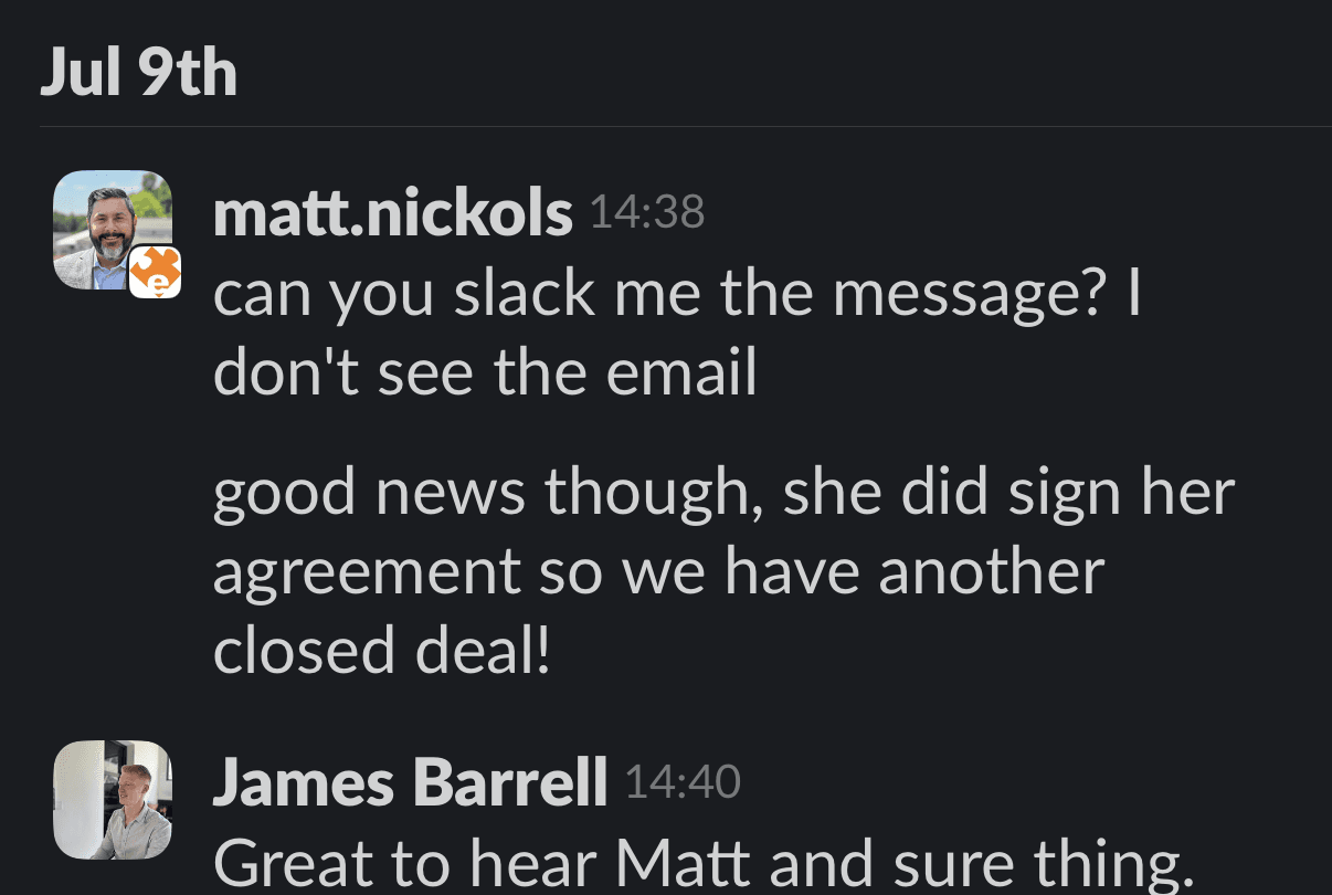 Slack message from SEO agency client announcing 3 national 8-figure brands signed