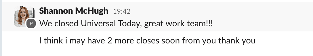 Slack message from Pro-Revops-AI client announcing a Universal close